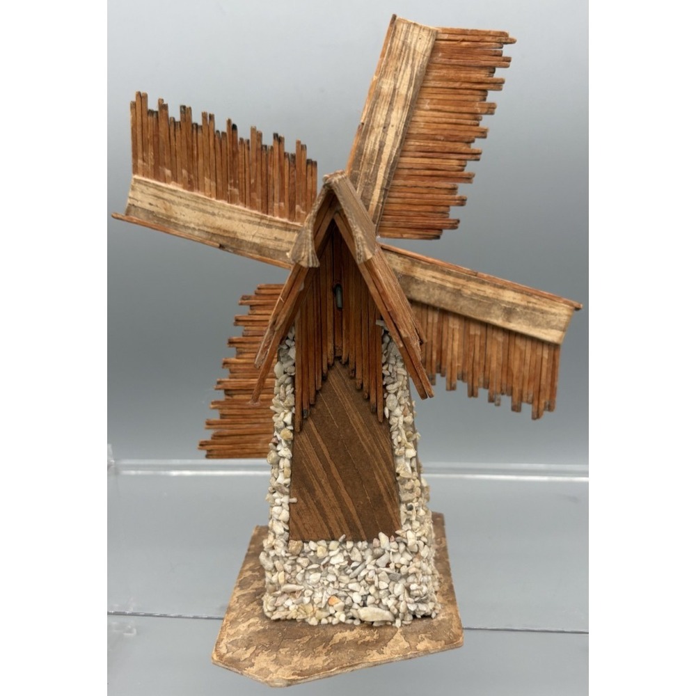 Vintage Handcrafted Wooden Windmill Figurine Made w/ Matchsticks Prunnick Poland